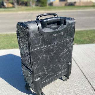 Black Floral Tooled Leather Rolling Luggage