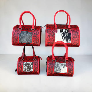 Red tooled leather & cowhide speedy bag