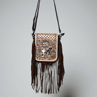 Sheep tooled leather fringe crossbody bag
