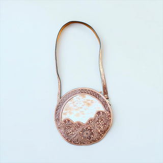 Tan tooled leather & cowhide canteen bag