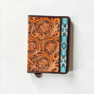 Turquoise Aztec floral tooled leather bible cover