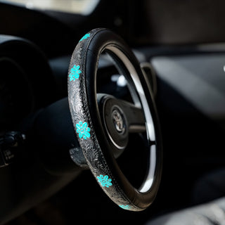 14.5”- 15” black/ turquoise blossom steering wheel cover
