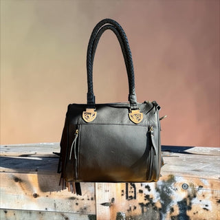 Black cowhide patchwork fringe handbag