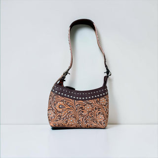 Brown tooled leather shoulder bag