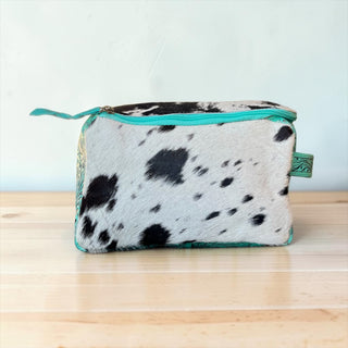 Turquoise cowhide & leather makeup bag