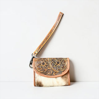 Tan tooled leather wristlet wallet