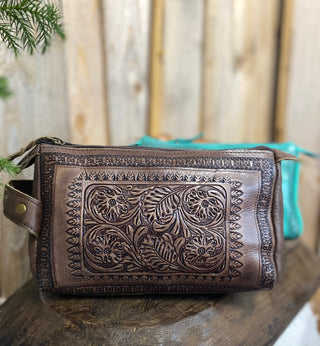 Brown Tooled Leather Toiletry Bag