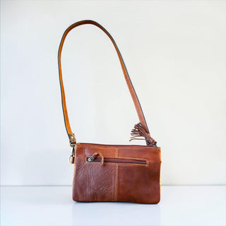 Brown tooled leather & cowhide crossbody bag