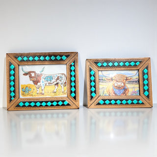 Turquoise checkered tooled leather picture frame