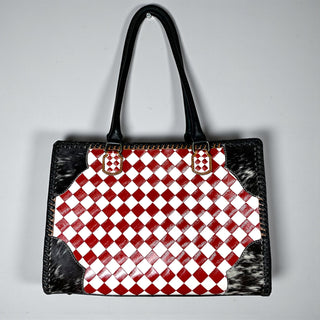 Red checkered tooled leather & cowhide tote bag