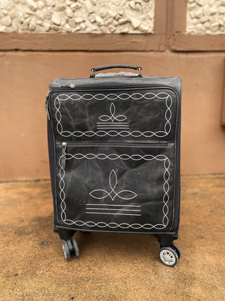 Black Boot-Stitch Leather Rolling Luggage