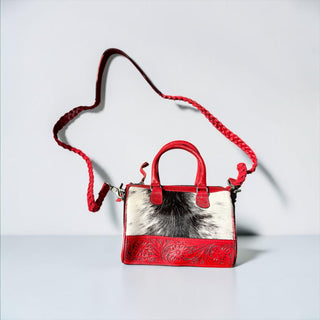 Red tooled leather & cowhide mini speedy bag