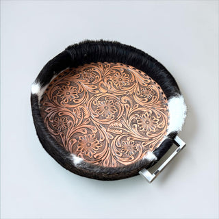 Tan tooled leather & cowhide tray