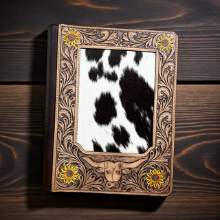Longhorn tooled leather & cowhide folder