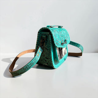 Turquoise horsebit tooled leather & cowhide crossbody bag