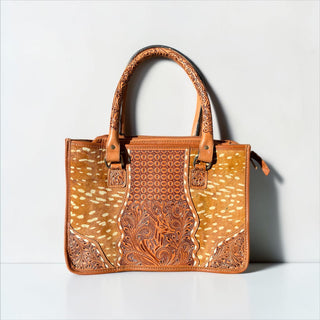 Deer tooled leather tote bag