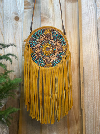 Mustard Floral Tooled Fringe Canteen Bag