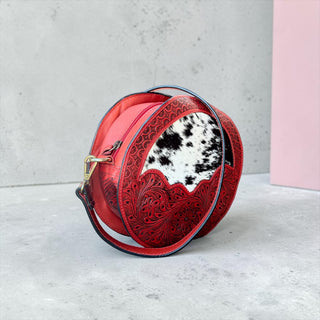 Red tooled leather & cowhide canteen bag