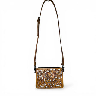 Brown floral tooled leather crossbody bag