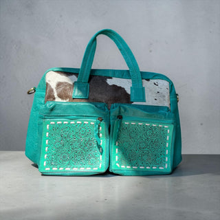 Turquoise tooled leather & cowhide briefcase