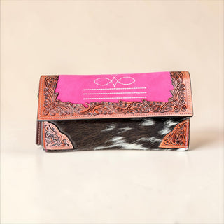Pink BootStitch tooled leather crossbody wallet