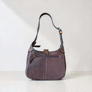 Chocolate tooled leather & cowhide shoulder bag