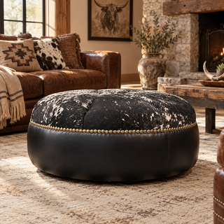 Black leather & cowhide ottoman