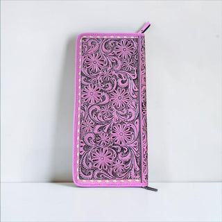 Pink floral tooled leather jewelry wallet