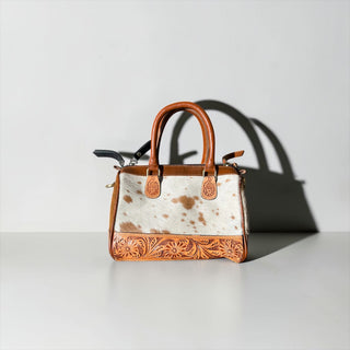 Tan tooled leather & cowhide mini speedy bag