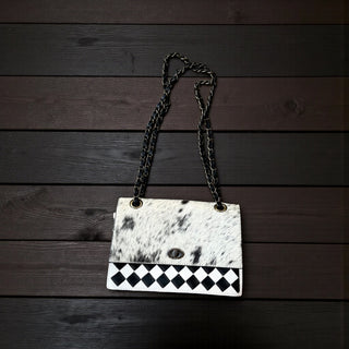 Checker tooled leather & cowhide shoulder bag