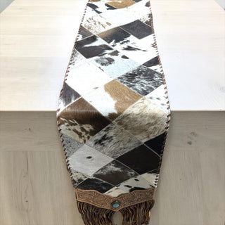 Patchwork cowhide tooled leather table runner