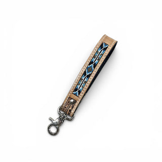 Blue Aztec tooled leather wristlet strap