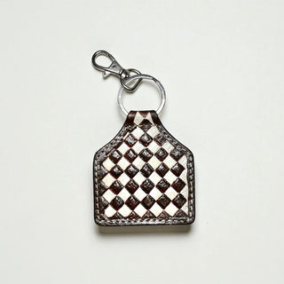 Brown checkered tooled leather Keychain