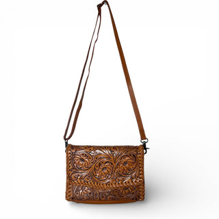 Tan tooled leather crossbody bag