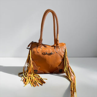 Mustard fringe leather handbag