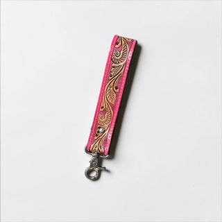 Pink/brown tooled leather wristlet