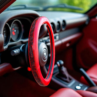 15”Red tooled leather steering wheel cover