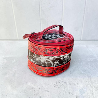 Red tooled leather & cowhide jewelry box