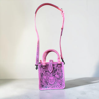 Pink tooled leather & cowhide crossbody bag