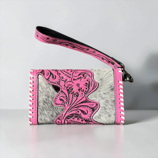 Pink cards tooled leather & cowhide wallet