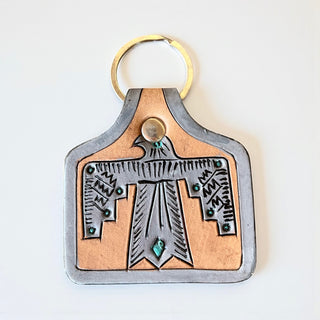 Grey Thunderbird tooled leather Keychain