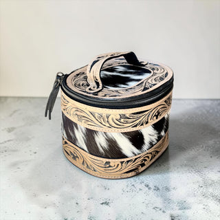 Tan/black tooled leather & cowhide jewelry box