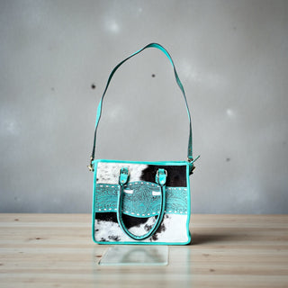 Turquoise tooled leather & cowhide tote bag