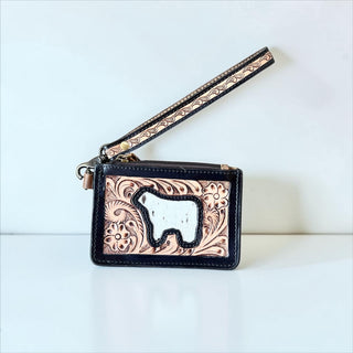 Black tooled leather & cowhide coin pouch