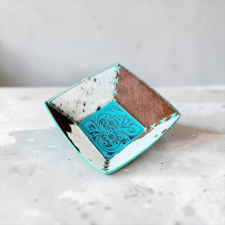 Turquoise tooled leather & cowhide bowl