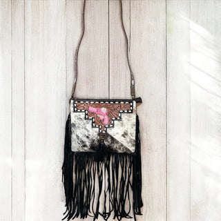 Tooled leather & cowhide fringe crossbody bag