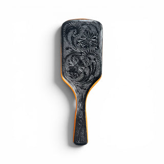 Black tooled leather hair brush