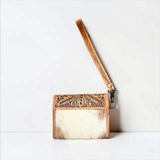 Tan tooled leather wristlet wallet