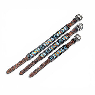 Blue Aztec tooled leather dog collar