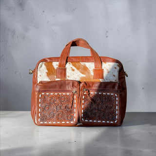 Brown tooled leather & cowhide briefcase